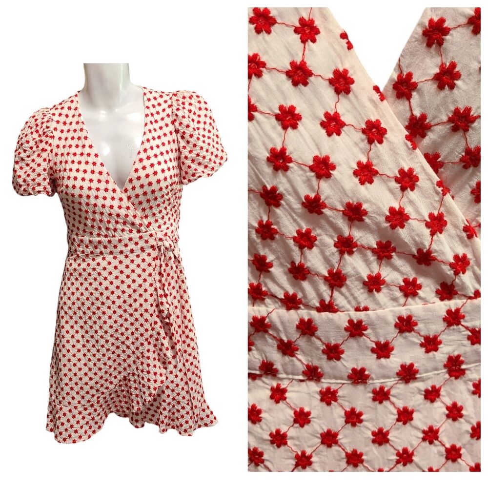 Draper James Dress Women's XS Red Swiss Dot Picnic Wrap Ruffle Puff Sleeve